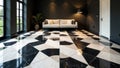 Elegant interior design featuring a modern sofa and geometric black and white floor tiles. Generative AI Royalty Free Stock Photo