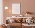 Elegant interior design, modern living room with frame mockup on orange color background