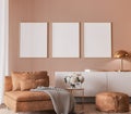 Elegant interior design, modern living room with frame mockup on orange color background