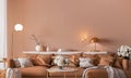 Elegant interior design, modern living room with golden home accessories on orange color background