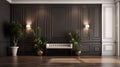 Elegant interior design of modern spacious entrance hall with door and wooden paneling walls
