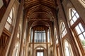 Elegant interior of a historic cathedral with arched windows and wooden vaulted ceiling