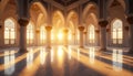 Sunlit Islamic Mosque Interior with Arched Columns and Golden Light Royalty Free Stock Photo