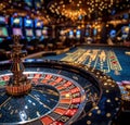 Elegant interior of an online casino featuring a roulette wheel and vibrant gaming atmosphere