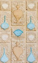 elegant intricate decorative arabesque white cream and light blue inlay reliefs marble wall tiles