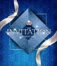 Elegant invitation blue card with sparkling ribbons and vintage design elements.