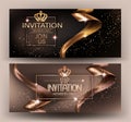 Elegant invitation card with beige textured curled gold ribbons.