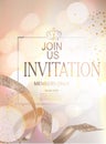 Elegant invitation card with frame, crown and defocused lights on the background and ribbon with circle pattern. Royalty Free Stock Photo