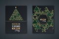 Elegant invitation card for New Year`s party. Pattern mosaic of green triangles with a golden stroke on a black background. Chris Royalty Free Stock Photo
