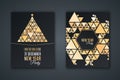 Elegant invitation card for New Year`s party. Pattern mosaic made of golden shining triangles on a black background. Christmas tr Royalty Free Stock Photo