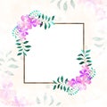 Elegant Invitation Card with Pink Watercolor Flowers and Green Leaves decorated Square Frame Given Space Royalty Free Stock Photo