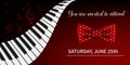 Elegant invitation to a concert with keyboard instruments. Illustration in dark red color with notes and text. Royalty Free Stock Photo