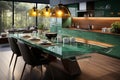 Elegant and inviting modern kitchen with a striking green central table