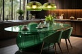 Elegant and inviting modern kitchen with a striking green central table