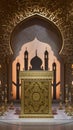 Elegant Islamic podium adorned with mosques shadows, candles illuminate surroundings