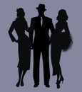 Elegant isolated silhouettes of ladies and gentlemen wearing classic film noir style clothes