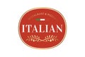 Elegant Italian Restaurant and Pizzeria Logo. Round Red Gold Badge