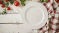 Elegant italian restaurant setting empty white plate on decorated table, top down view Royalty Free Stock Photo