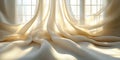 Elegant Ivory Fabrics with Shimmering Drapes and Serene Window View, Flowing Waves Texture Design Royalty Free Stock Photo