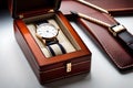 Elegant jewelry box with beautiful bijouterie and expensive wristwatches generated Ai.