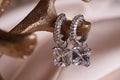 Elegant jewelry. Stylish presentation of luxury earrings on holder, closeup