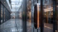 Elegant keycard access device mounted on a sleek glass wall in an office building. Generative AI