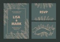 Elegant khaki and beige colored wedding invitations templates set with floral leaf branches