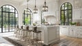An elegant kitchen with large windows, white cabinets and an island featuring grey stone counter tops, complemented by black metal