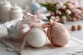 Elegant lace-decorated easter eggs with ribbons on lace cloth Royalty Free Stock Photo