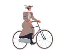 Elegant lady cycling in 19th century dress and hat. Noble woman riding retro bike. Female aristocrat on bicycle of