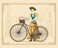 Elegant lady on a old bicycle in vintage costume vector Illustration cityscape