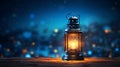 elegant lantern on blue city background with crescent moon, ramadan eid concept Royalty Free Stock Photo