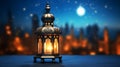 elegant lantern on blue city background with crescent moon, ramadan eid concept Royalty Free Stock Photo