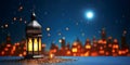 elegant lantern on blue city background with crescent moon, ramadan eid concept Royalty Free Stock Photo