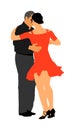 Elegant latino dancers couple illustration. Mature tango dancing people in ballroom night event.