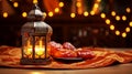 Elegant lattern and dried dates on wooden, ramadan eid mubarak concept