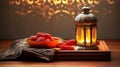 Elegant lattern and dried dates on wooden, ramadan eid mubarak concept