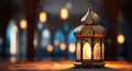 Elegant lattern and light bokehs in mosque, ramadan eid concep