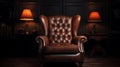 elegant leather armchair in a sophisticated dark library setting with warm lighting