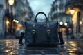 Elegant leather briefcase on cobbled street at twilight