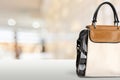 Elegant leather famale bag on blurred bright