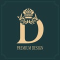 Elegant Letter D with Crown. Graceful Royal Style. Calligraphic Beautiful Logo. Vintage Drawn Emblem for Book Design, Brand Name, Royalty Free Stock Photo