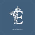 Elegant letter E with a crown. Graceful royal style. Calligraphic beautiful logo. Vintage drawn emblem for book design, brand name Royalty Free Stock Photo