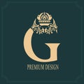 Elegant Letter G with Crown. Graceful Royal Style. Calligraphic Beautiful Logo. Vintage Drawn Emblem for Book Design, Brand Name,