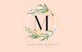 Elegant Letter M Logo Design With Waterbrush leafs and Simple Elegant Serif Letter