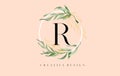 Elegant Letter R Logo Design With Waterbrush leafs and Simple Elegant Serif Letter