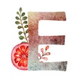 Elegant light colorful watercolor hand drawn ampersand alphabet. Letter E with hibiscus