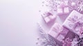 Elegant lilac gift boxes with delicate winter decorations on pastel background Royalty Free Stock Photo