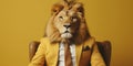 Elegant lion businessman with human body sitting in boss chair, looking at camera.