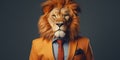 Elegant lion businessman with human body, wearing business suit, looking at camera.